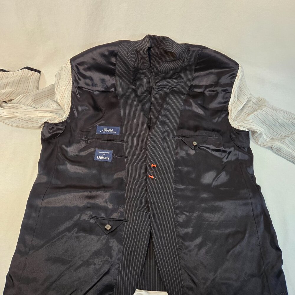 RALPH LAUREN Dillard's BLACK 100% Wool WHITE Pinstripe Blazer Men's Size 50R. - Picture 12 of 17